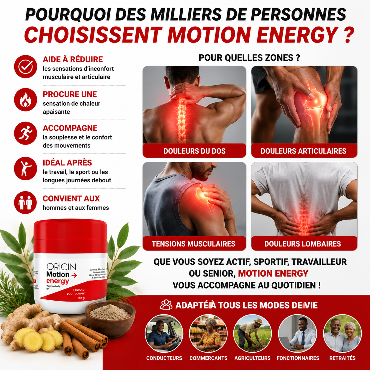 Motion Energy™ – Gel Chauffant pour Articulations et Muscles